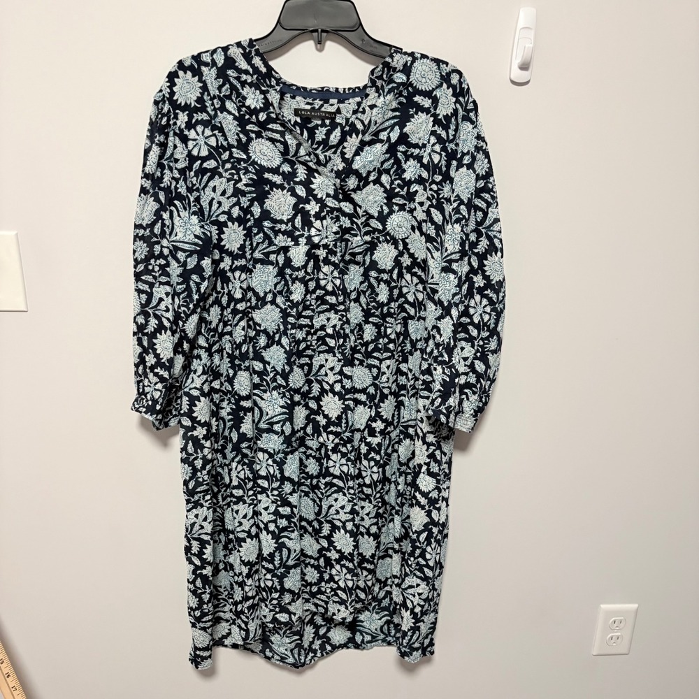 Lola Australia Floral Tunic Dress Womens Navy Blue size XL Cotton Boho Print